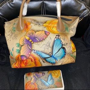 Anuschka Leather Butterfly Floral Handbag Satchel Tote Shoulder Bag